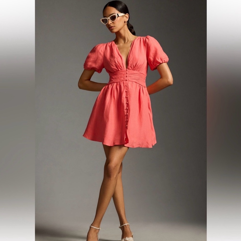 Anthropologie The Katerina Button Front Coral Flowy Mini Dress Large petite